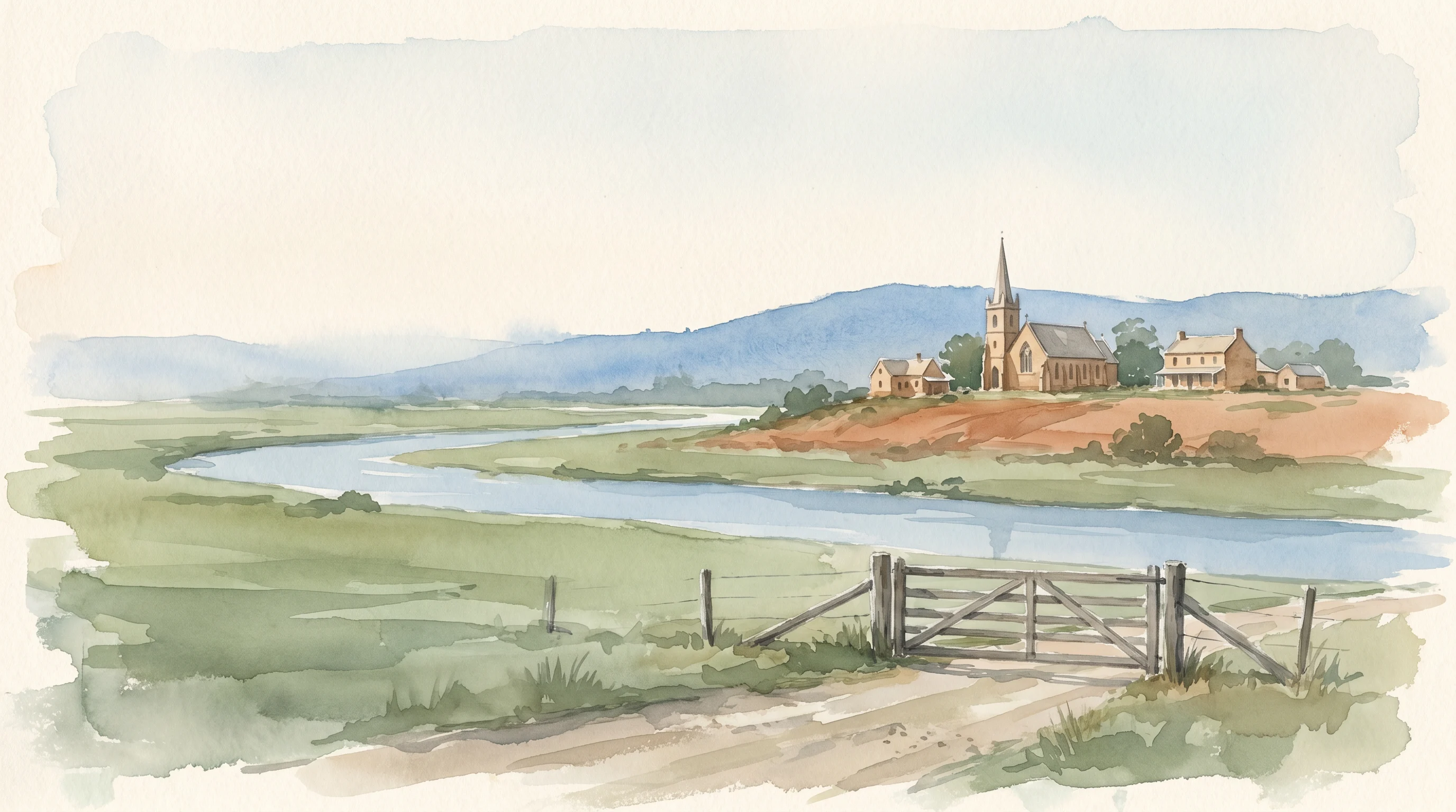 A watercolour of the Hawkesbury River valley near Windsor — the river on its green floodplain, a heritage church spire on higher ground, the Kurrajong ridge behind, and a farm gate by a gravel drive