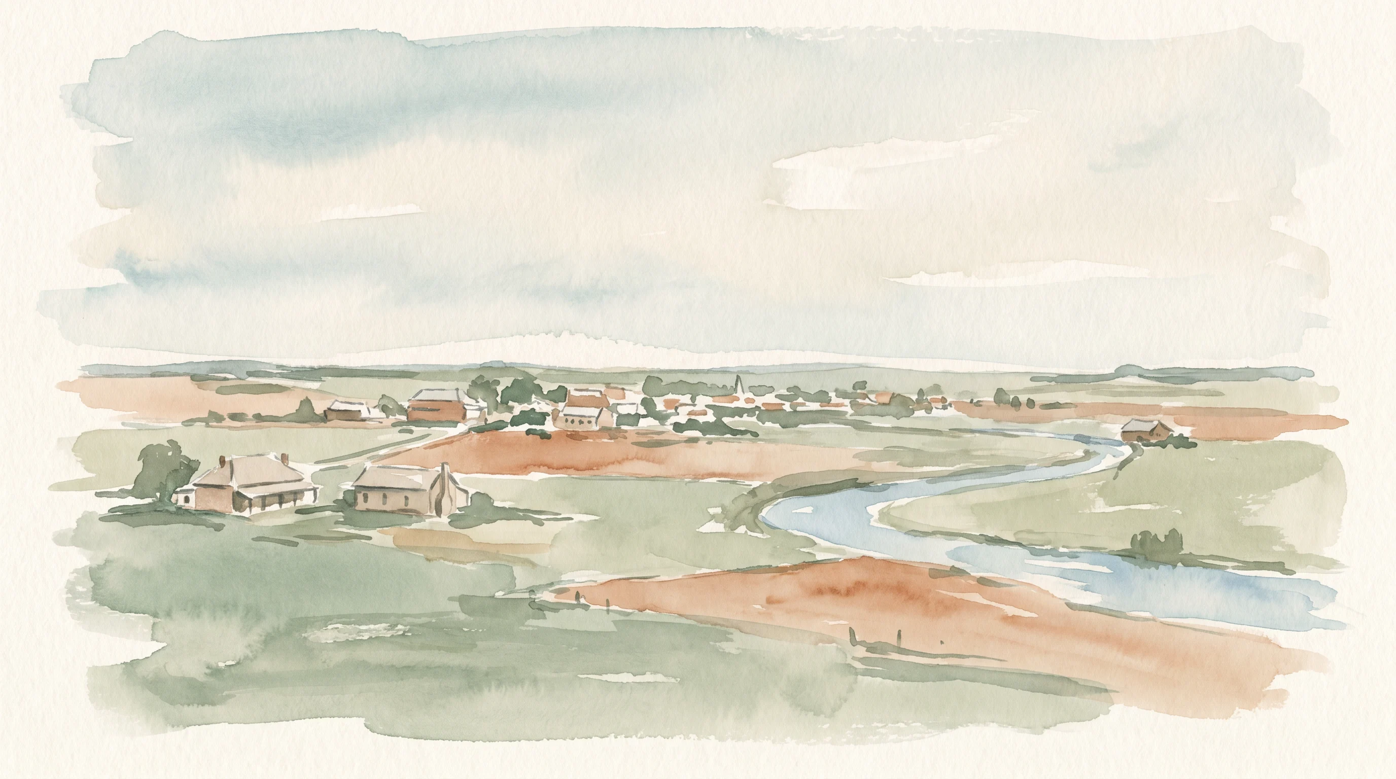 A watercolour of McGraths Hill in the Hawkesbury — its streets, river flats and access